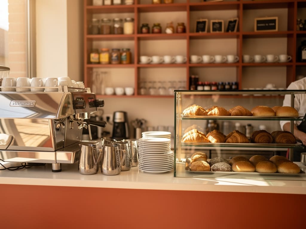 Bancone della caffetteria Protobebiko con macchina espresso e dolci in vetrina